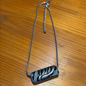 Silver Tone Rectangle Pendant Necklace with Black and Silver Accent